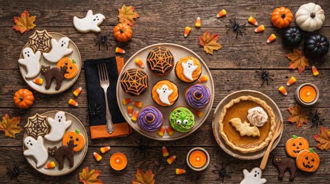 Halloween dessert spread with ghost cookies, spiderweb cupcakes and pumpkin pie on a rustic wooden table