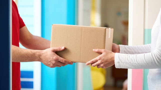 Two people passing a cardboard parcel between them