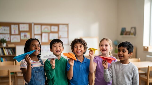 Five smiling children hold colorful paper airplanes in a bright classroom during a playful learning activity