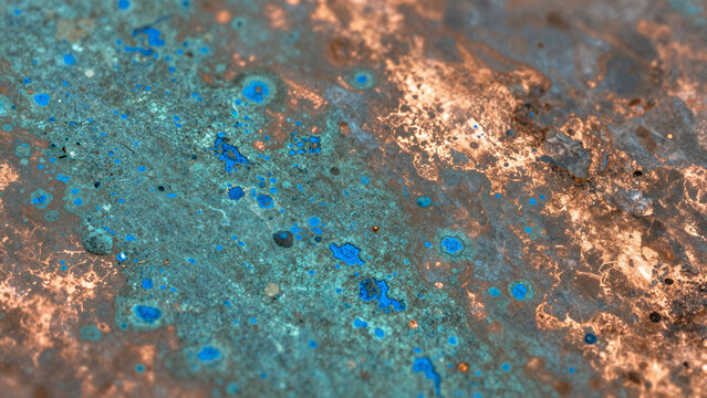 Verdigris copper patina texture with blue green oxidation, aged metal abstract background, macro