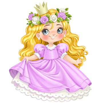 Cute cartoon  coquettish Princess in lush purple dress wearing a wreath of roses watercolor paint