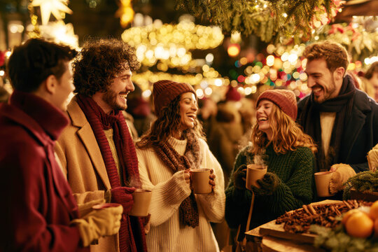 Friends Drinking Mulled Wine at Snowy Christmas Market