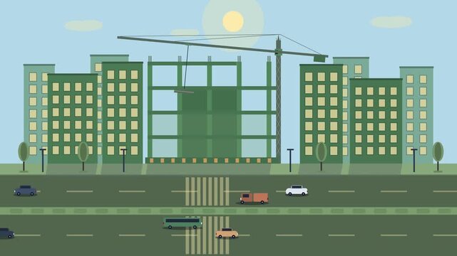 Urban Construction Site with Tower Crane Day to Night Cycle Time Compression Flat Vector Loop 4K