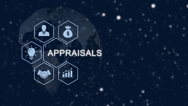Digital motion featuring a rotating global earth map with animated hexagonal representing business appraisals, financial growth, strategic planning, and corporate asset valuation