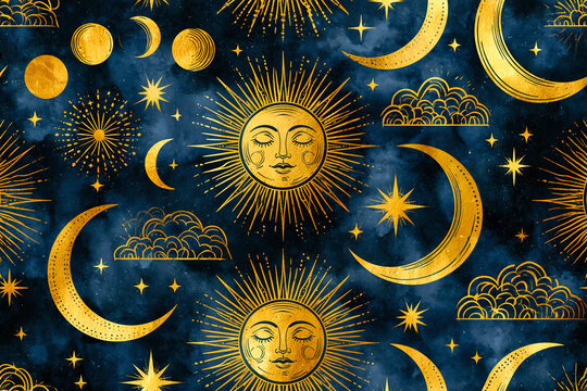 Vintage Celestial Sun Moon and Stars Pattern