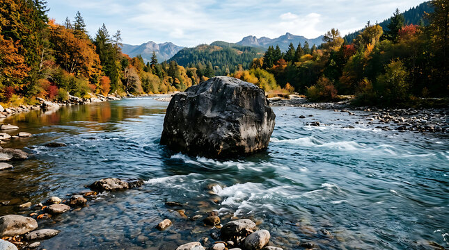 Large boulder sits in a swift flowing river with autumn forest and mountains in the background