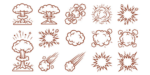 Set of cartoon explosion and comic book boom effect icons with smoke clouds and fire flashes ©  creative  marlia