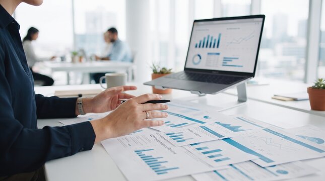 Business professional reviewing reports beside a laptop dashboard