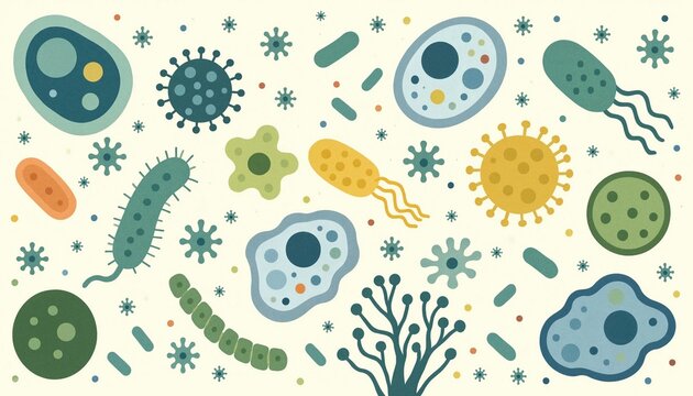 Flat vector illustration of various colorful microorganisms, bacteria, and viruses on a light background.