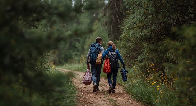 Picture couple carrying sustainable couples camping gear strolling forest paths inhaling fresh pine forging deeper connection, They climb roots step gently admire moss whisper awe breathe crisp air
