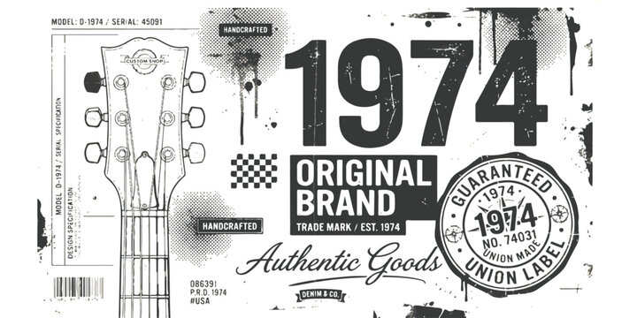 Vintage style graphic print with electric guitar headstock and 1974 original brand typography