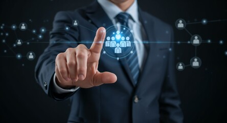 Obraz premium Hand selecting holographic recruitment target device with group people icons representing talent acquisition candidate selection skill assessment in empty space