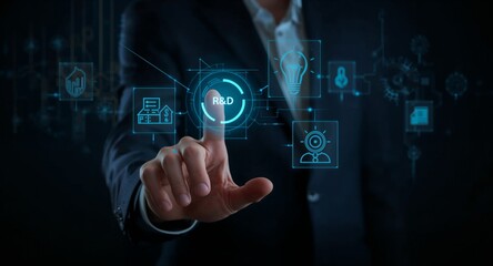 Obraz premium Hand interacting with holographic research and development device with innovation technological advancement icons representing R and D and business solutions in empty space