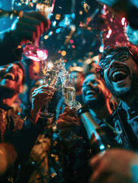 Friends Celebrating New Year with Champagne and Confetti