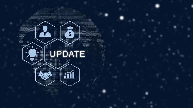 Digital update concept featuring a rotating global network with business financial growth charts, and networking symbols in a high-tech dark blue background, for corporate presentations