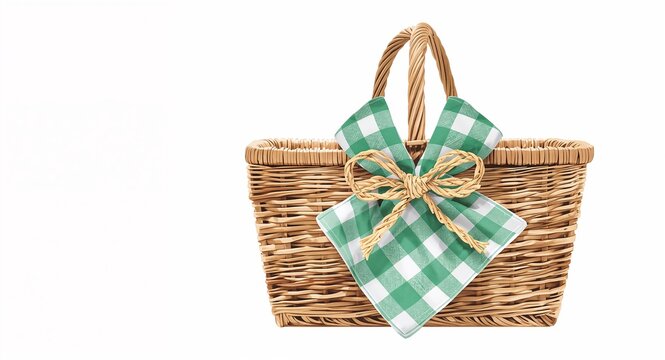 Watercolor illustration of wicker picnic basket with green and white checkered cloth napkin tied with raffia bow on white background ideal for outdoor themes and lifestyle designs