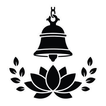 Traditional Indian Temple Bell with Lotus and Leaves Silhouette