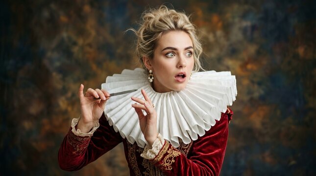 Surprised aristocratic woman in a red velvet gown and white ruff collar holds a nail file against a dark backdrop