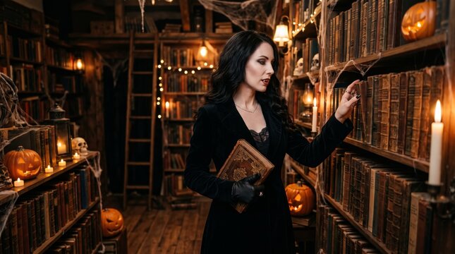 Elegant vampire woman browses books in a candlelit library decorated with pumpkins, skulls and cobwebs for Halloween