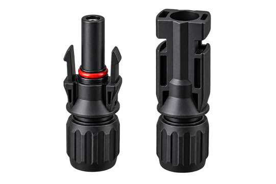 Male and female MC4 solar panel connectors isolated for photovoltaic wiring systems
