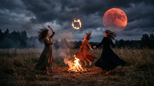 Three witches dance around a bonfire in a dark field beneath a giant red moon and storm clouds in a fantasy scene