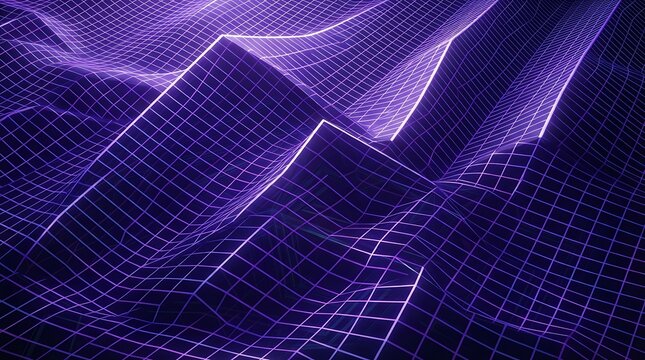 Abstract background featuring a glowing purple digital grid pattern with geometric mountain shapes created by light lines representing advanced technology data flow and network connectivity