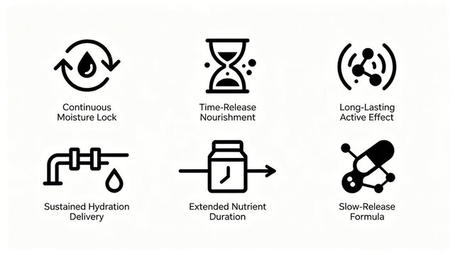Black line slow-release skincare icon, which locks in moisture, provides timely nutrition and long-lasting activity, suitable for skincare product technology introduction and product promotion posters