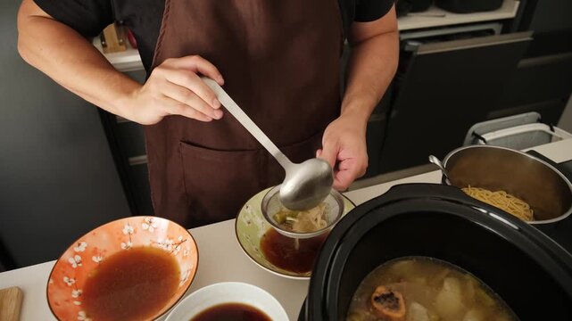 Professional cook ladling hot broth from a slow cooker and adding noodles to make Asian soup