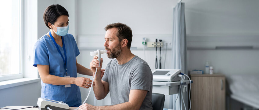 Pulmonary function technician performing spirometry test with adult patient in respiratory clinic, assessing lung function and guiding breathing technique for medical diagnosis and preventive care.