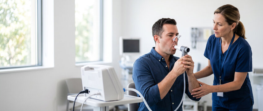 Pulmonary function technician performing spirometry test