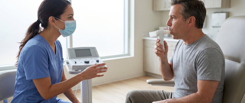 Adult patient completing lung function test with healthcare professional using spirometry equipment, representing respiratory health assessment, pulmonary testing and clinical patient care.