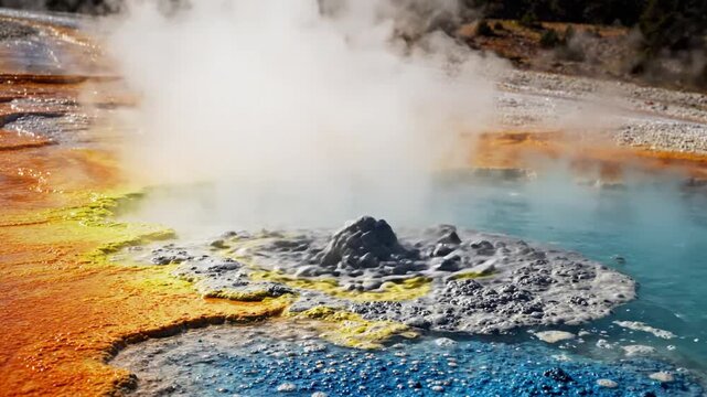 Geothermal hot springs creating steam and mist in a natural landscape