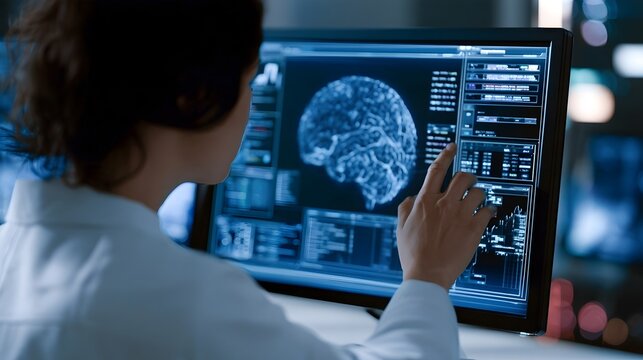 Person in lab coat examining a glowing brain scan on a digital screen with interface panels