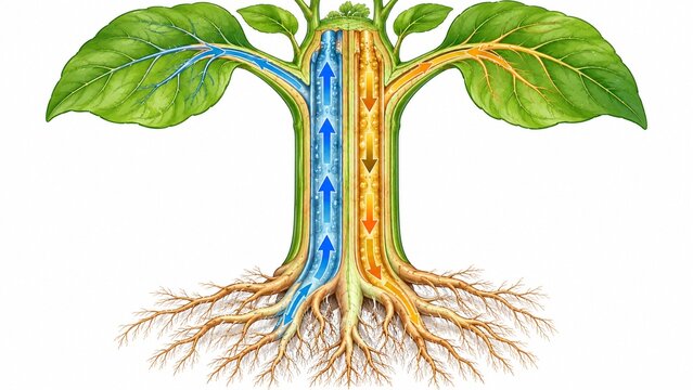 Plant stem showing water rising in xylem and sap descending in phloem
