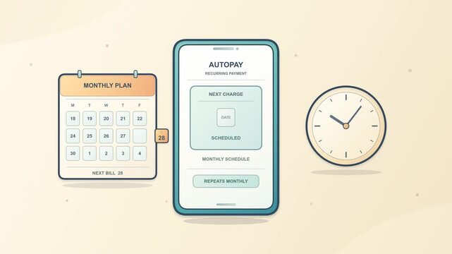 Recurring payment monthly cycle animation with calendar schedule, automatic billing and subscription transaction status, clean finance motion graphic for fintech, banking and recurring payments