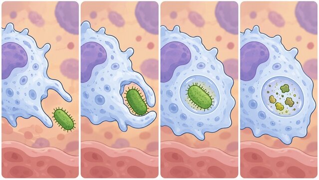 Phagocytosis in four panels: approach, engulf, enclose and digest