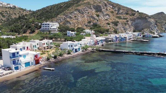 Aerial View of Klima Village Hillside, Milos Island, Greece