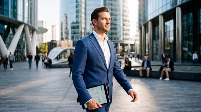 Businessman holding tablet walking in modern city plaza