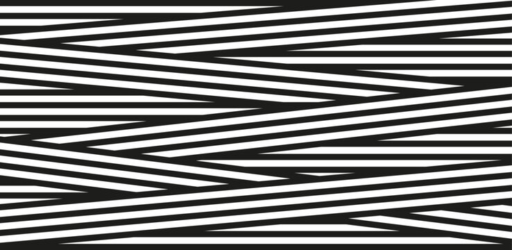 Abstract black and white geometric background with overlapping horizontal stripes, monochrome dynamic zigzag line art optical illusion vector.