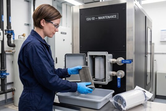 Female engineer replacing coolant filter cartridge during maintenance on cdu in datacenter