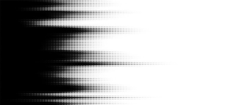 Abstract black and white horizontal halftone transition, dynamic dotted speed lines with gradient fade, monochrome motion vector background.