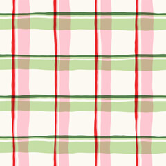 Obraz premium Hand drawn plaid pattern, cute red, green, pink lines, checkered print for party wrapping paper, textile, fabric, Christmas holiday decor 