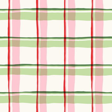 Hand drawn plaid pattern, cute red, green, pink lines, checkered print for party wrapping paper, textile, fabric, Christmas holiday decor	
