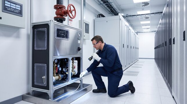 Technician inspecting liquid cooling coolant distribution unit cdu with flashlight in datacenter