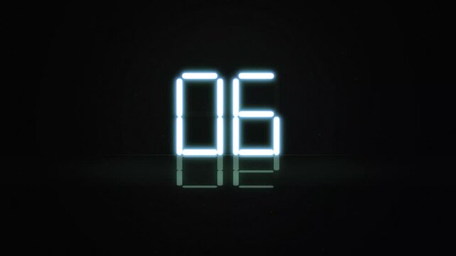 Horizontal blue neon digital countdown timer from ten to zero reflecting on floor loop