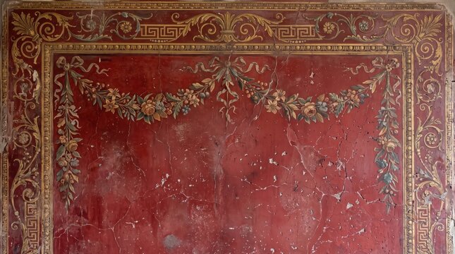Ancient Roman fresco with red and gold floral wall painting decoration