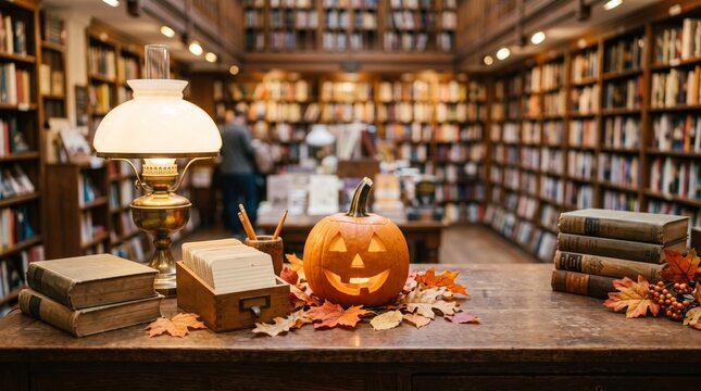 Carved Halloween pumpkin glows on a cozy library checkout desk among vintage books, autumn leaves and a reading lamp
