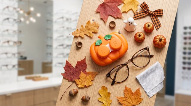 Pumpkin shaped contact lens case with left and right compartments beside glasses and autumn decor at an optician