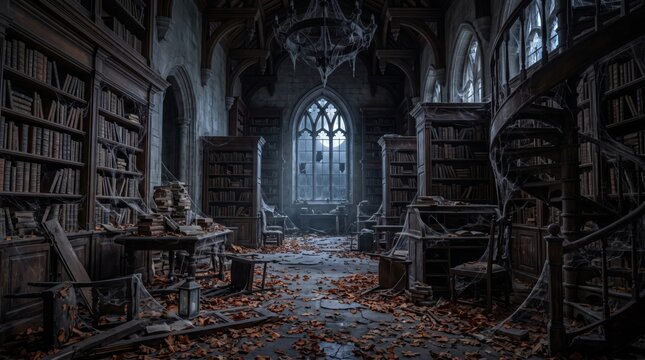 Abandoned Gothic library filled with antique books, broken furniture and cobwebs beneath a pale arched window