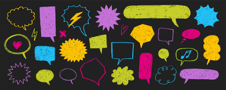 Colorful hand drawn chalk speech bubbles set. Neon doodle sketch chat boxes, thought balloons and comic bursts on black background vector.